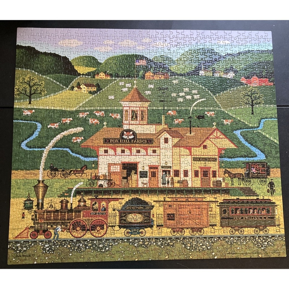 Milton Bradley 1000 Piece Life on the Farm Charles Wysocki Jigsaw Folk Art Train